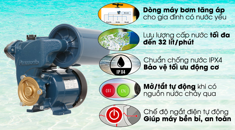 Máy bơm nước tăng áp Panasonic A-130JAK 125W Máy bơm nước tăng áp Panasonic A-130JAK 125W