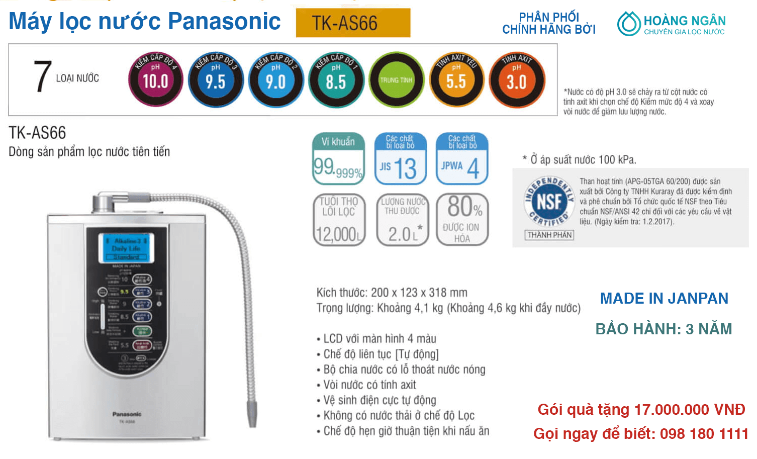 Máy lọc nước điện giải ion kiềm Panasonic TK AS66 chính hãng giá rẻ nhất